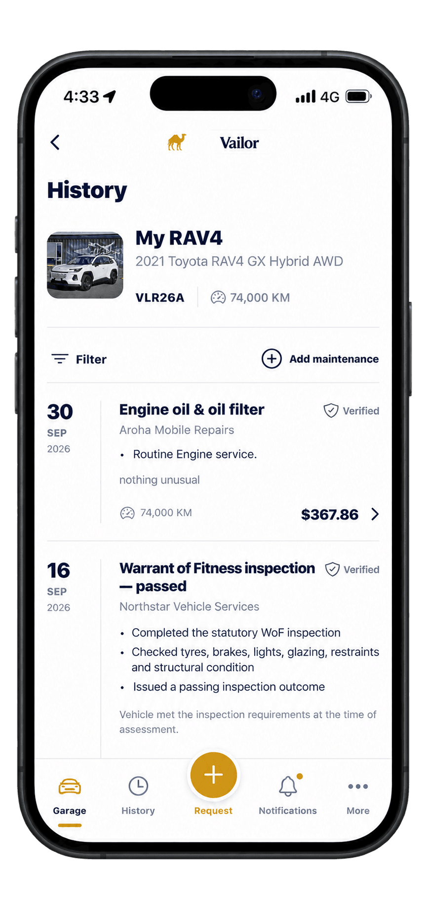 Vailor vehicle history on a phone