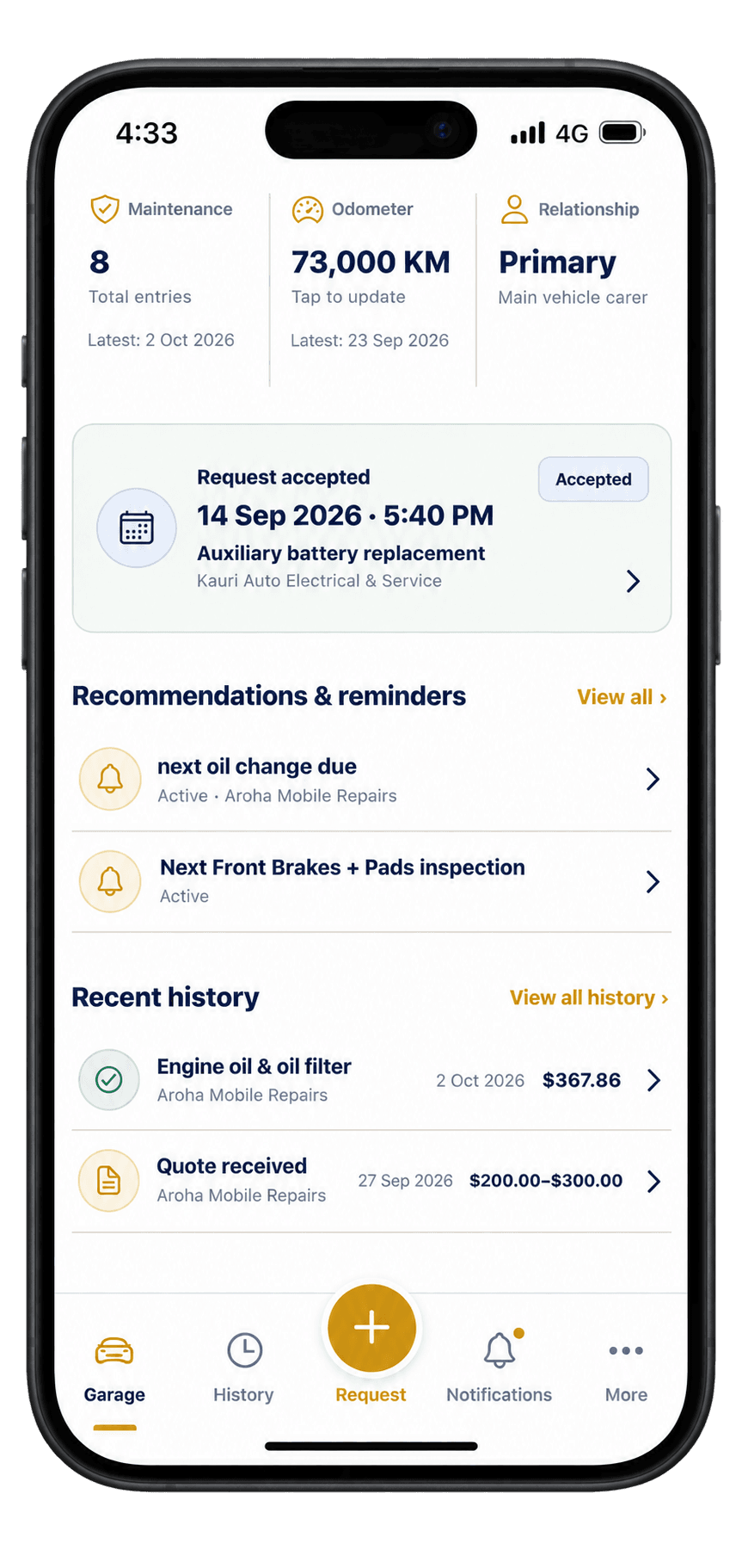 Vailor vehicle details and recent history on a phone