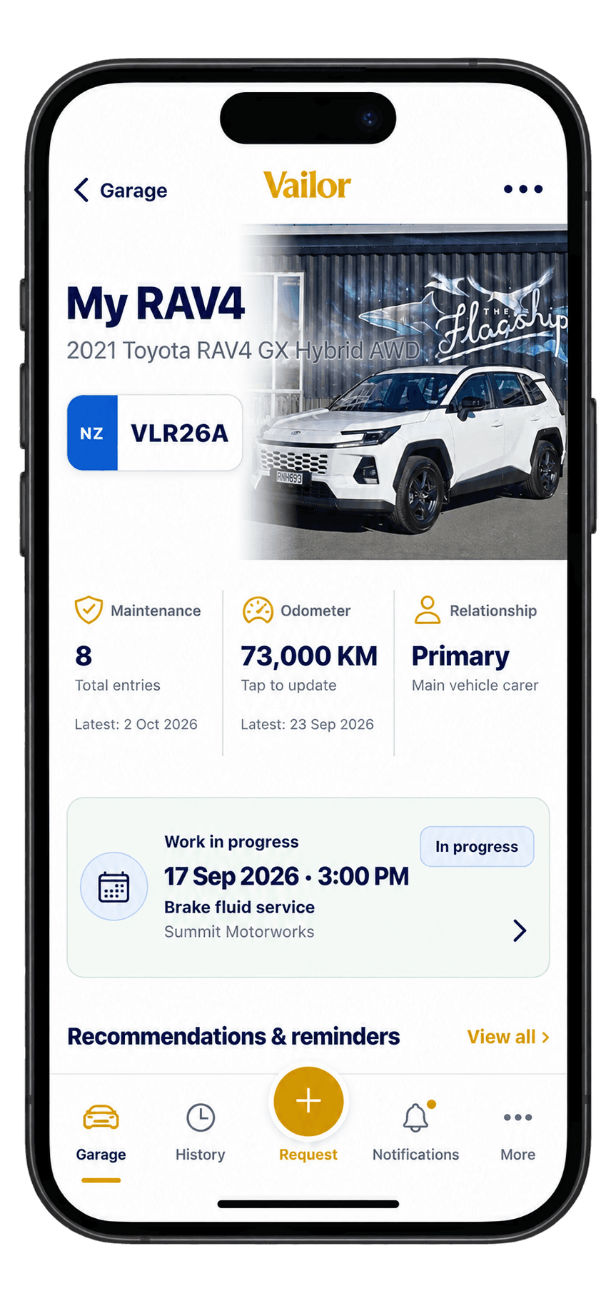 Vailor vehicle details and reminders on a phone