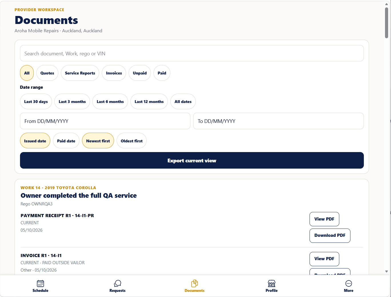 Vailor Provider documents workspace